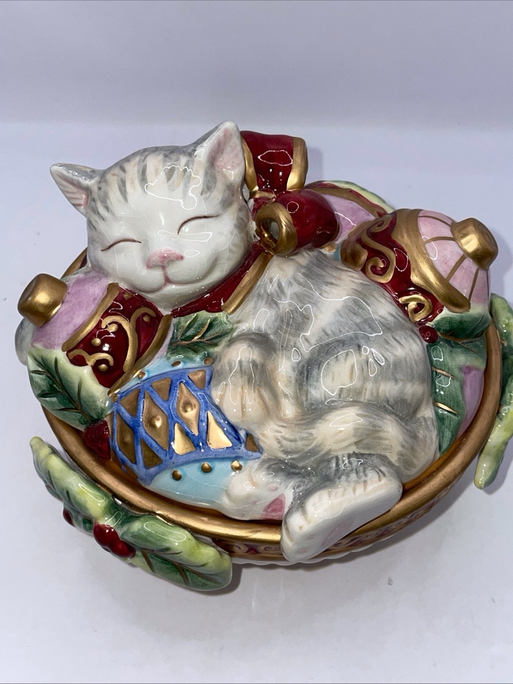 Vtg Fitz & Floyd Kristmas Kitty Lidded Holiday Candy Dish Christmas Cats 5.75"